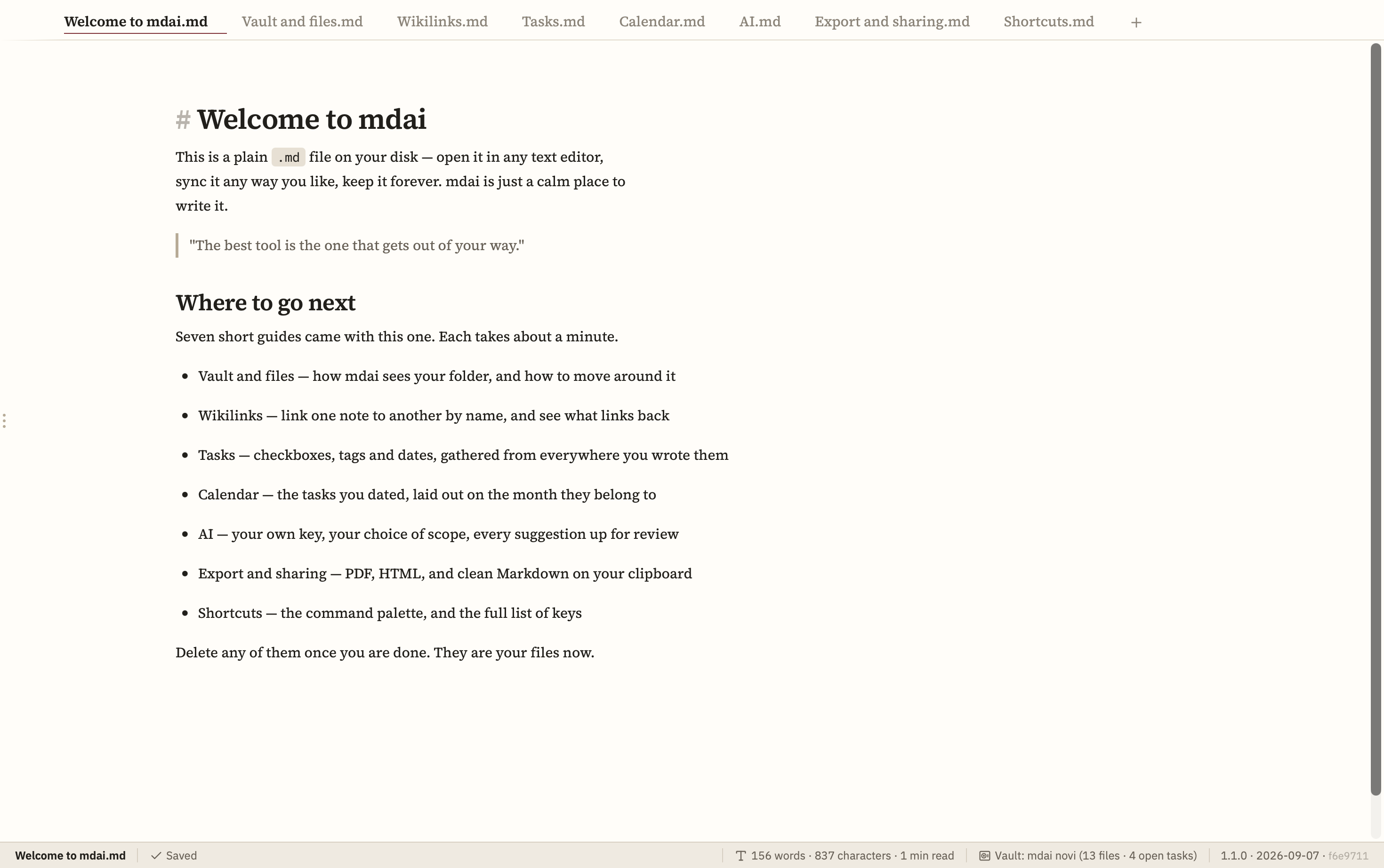 mdai with eight guide notes open in tabs; the Welcome to mdai note is in front, listing where to go next